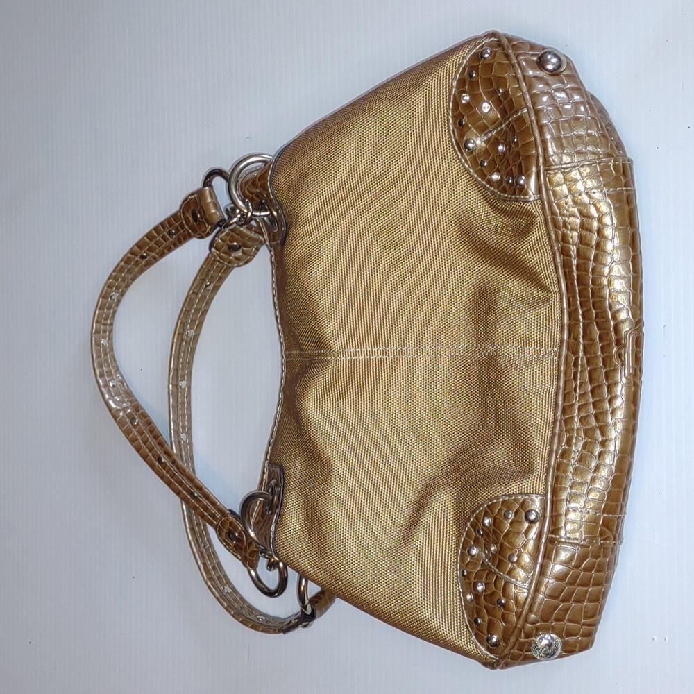 VINTAGEโฎ KATHY VAN ZEELAND Gold Fabric/Croc Leather Hobo - Picture 6 of 13